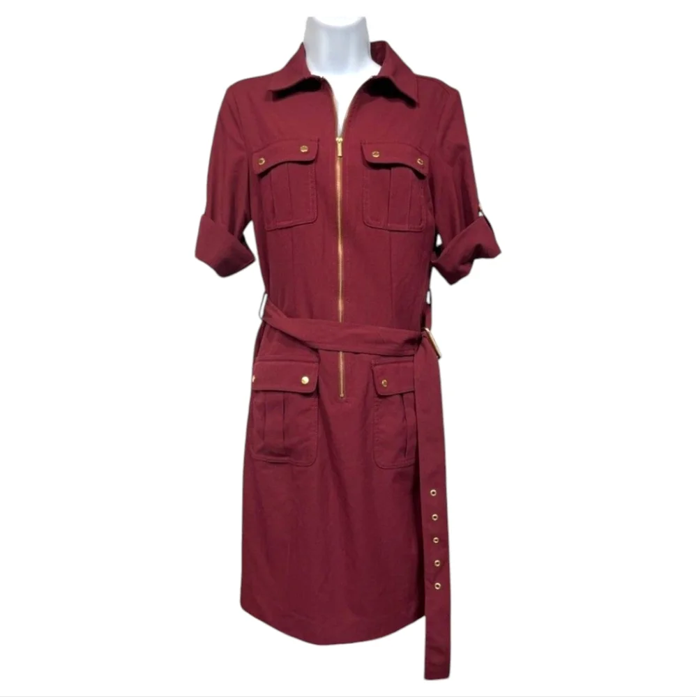 Michael Kors Burgundy or Tan Shirt Dress Goldtone Hardware Small - Picture 10 of 14